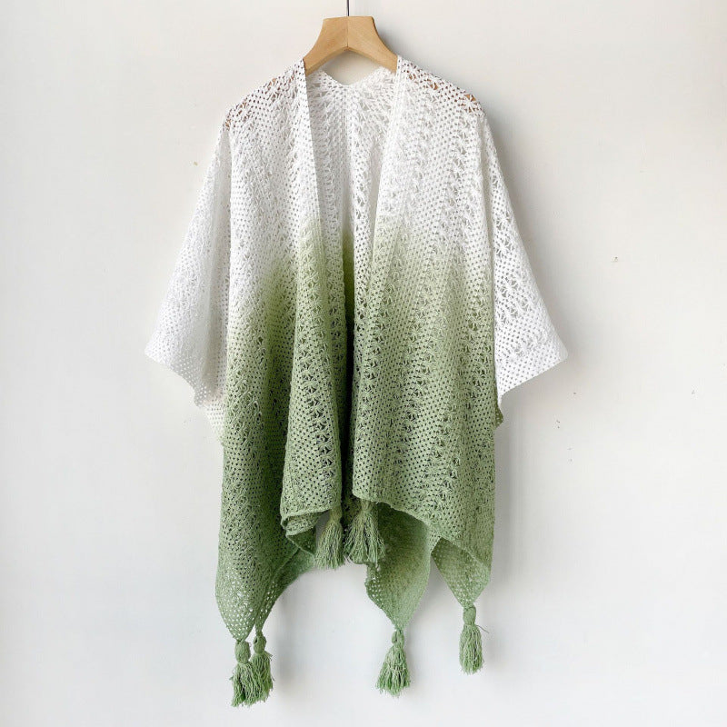 Women’s Bohemian White Hollow-Out Knit Tassel Cardigan