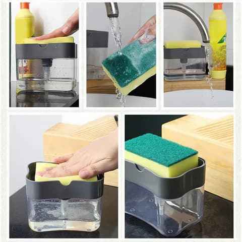 Kitchen Soap Dispenser Brush – Built-in Sponge & Scrubber, Press to Dispense Liquid