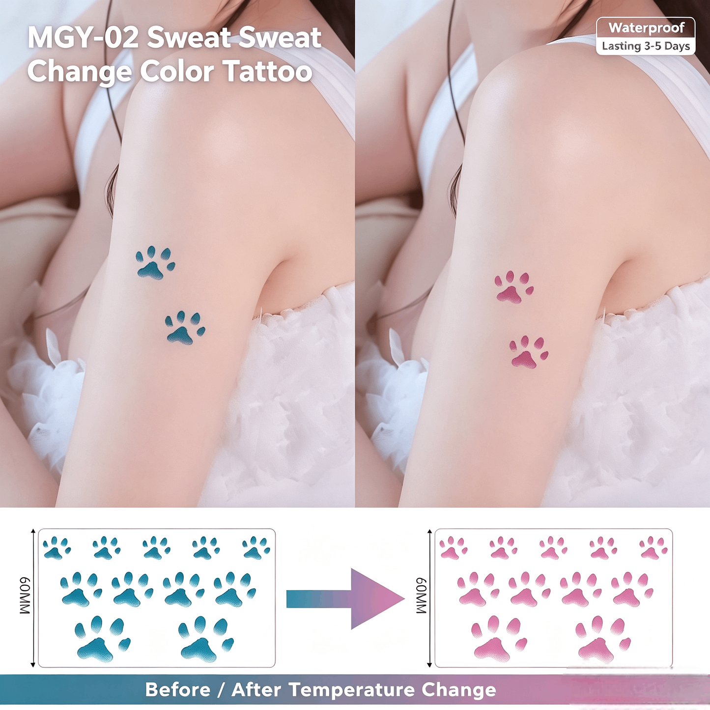 🐱🐾 [5 PCS]Temperature-Color-Changing Cat Paw Tattoo – Body Heat Color Change | Waterproof & Sweat-Resistant | Cute & Fun