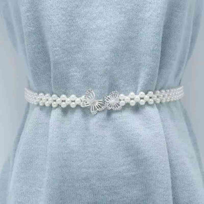 💎French Style Crystal & Pearl Waist Chain – Floral Elastic Belt, Dress Decorative Waistband, Adjustable & Elegant