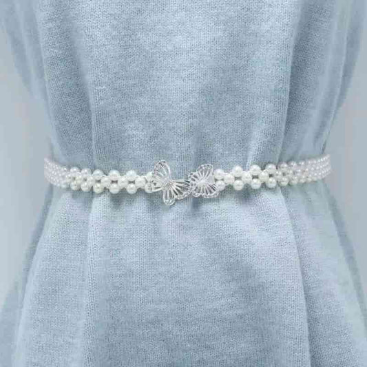 💎French Style Crystal & Pearl Waist Chain – Floral Elastic Belt, Dress Decorative Waistband, Adjustable & Elegant