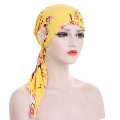 🌸Women's Floral Pre-Tied Head Scarf Turban – Dual Tails Design, Can Be Worn as Wig, Soft & Elastic, Ready-to-Wear