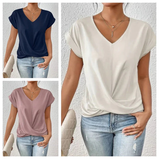 Casual Short-Sleeve T-Shirt with Elegant V-Neck Pleats