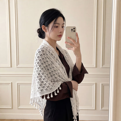 Women’s Bohemian White Hollow-Out Knit Tassel Cardigan