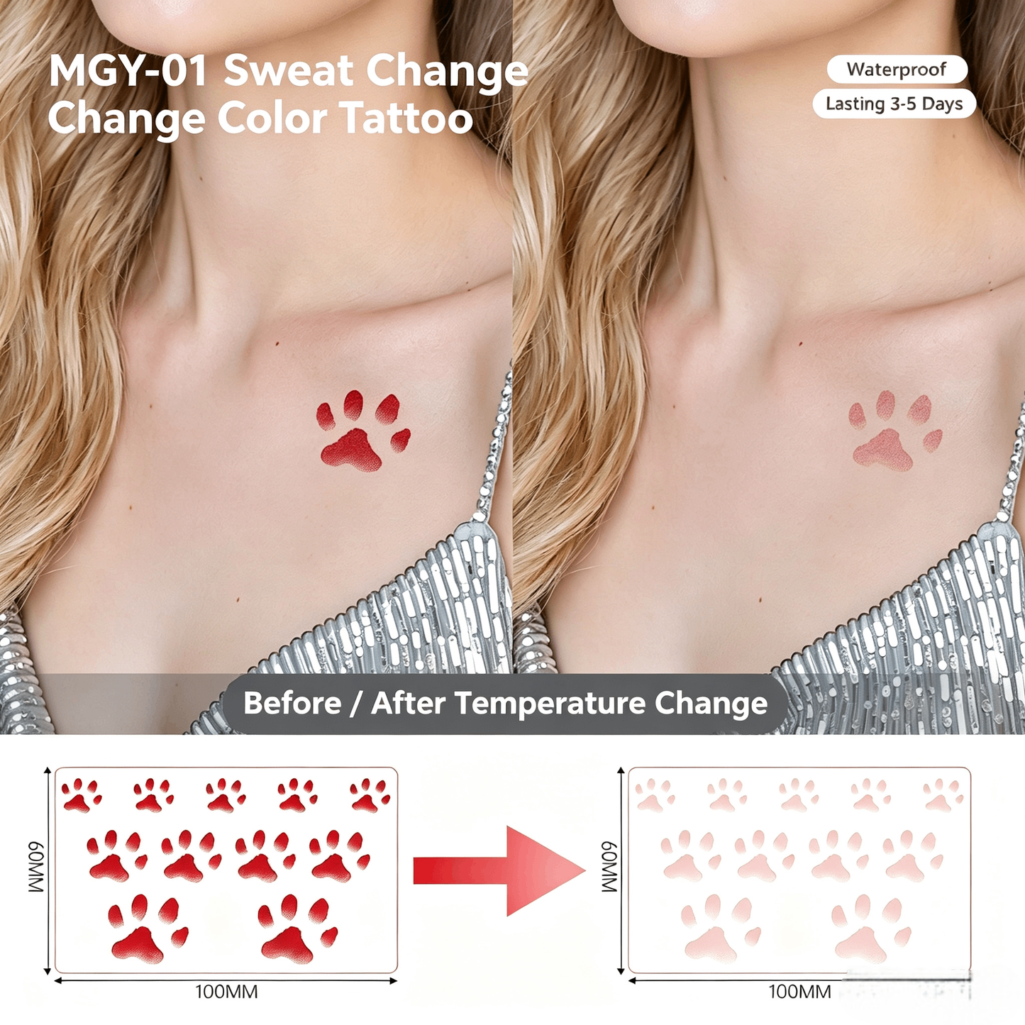 🐱🐾 [5 PCS]Temperature-Color-Changing Cat Paw Tattoo – Body Heat Color Change | Waterproof & Sweat-Resistant | Cute & Fun
