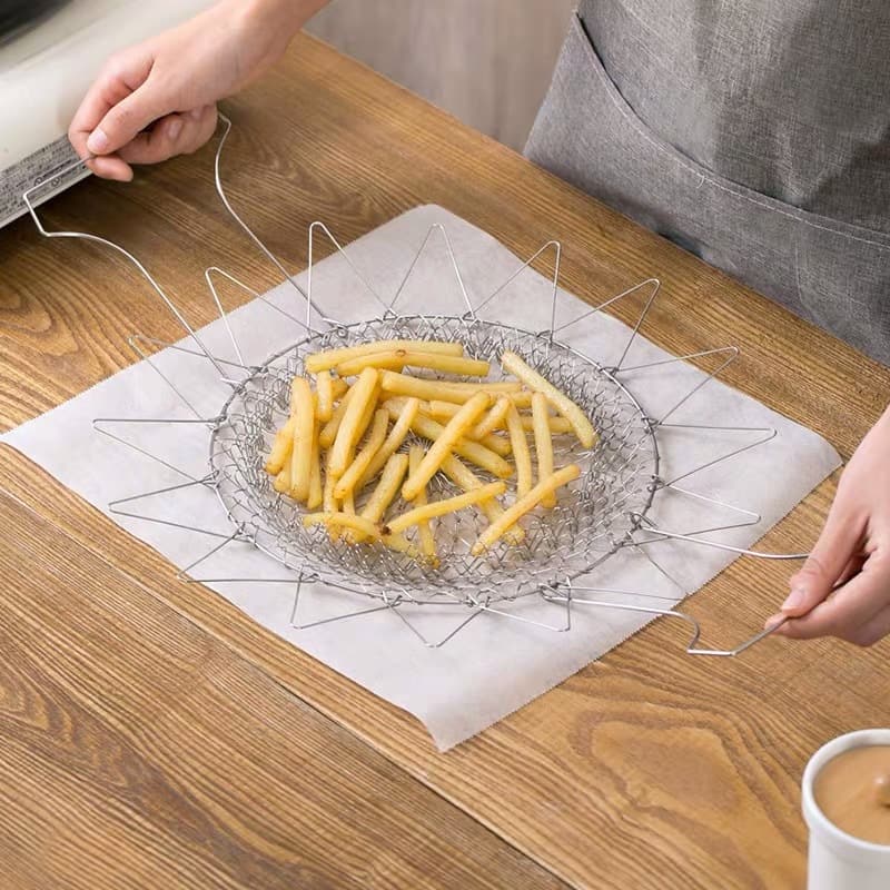 Stainless Steel Folding Fry Basket - Multi-Function Kitchen Strainer for Frying