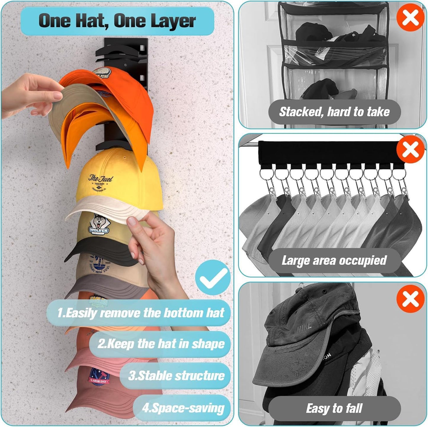 Wall-Mounted Hat Organizer – No-Drill Installation, Dustproof & Shape Retention for Door or Wall