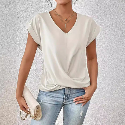 Casual Short-Sleeve T-Shirt with Elegant V-Neck Pleats