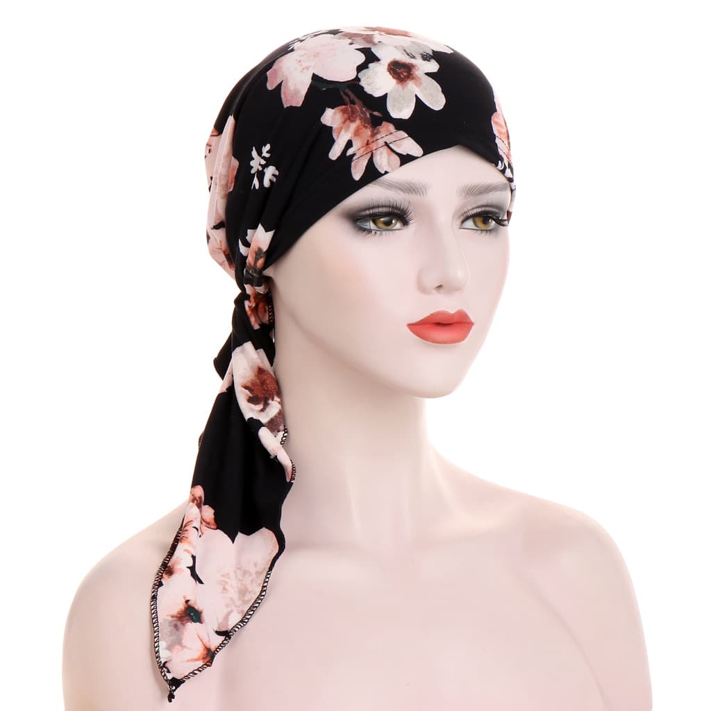 🌸Women's Floral Pre-Tied Head Scarf Turban – Dual Tails Design, Can Be Worn as Wig, Soft & Elastic, Ready-to-Wear