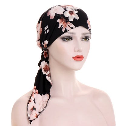 🌸Women's Floral Pre-Tied Head Scarf Turban – Dual Tails Design, Can Be Worn as Wig, Soft & Elastic, Ready-to-Wear