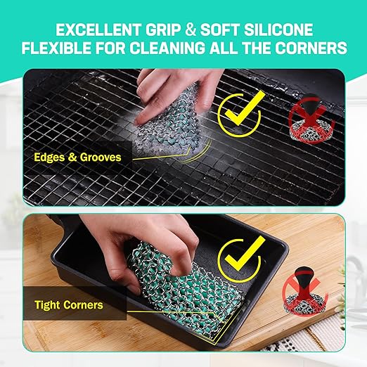 Cast Iron Scrubber – Chainmail Scrubber with Silicone Core for Skillet, Pan, Dutch Oven