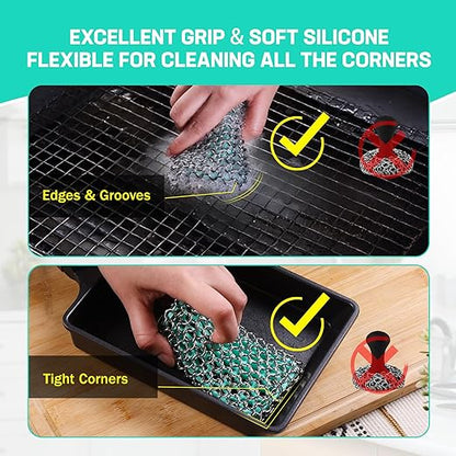 Cast Iron Scrubber – Chainmail Scrubber with Silicone Core for Skillet, Pan, Dutch Oven