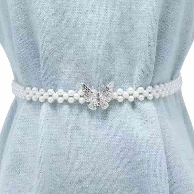 💎French Style Crystal & Pearl Waist Chain – Floral Elastic Belt, Dress Decorative Waistband, Adjustable & Elegant