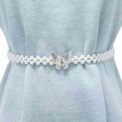 💎French Style Crystal & Pearl Waist Chain – Floral Elastic Belt, Dress Decorative Waistband, Adjustable & Elegant
