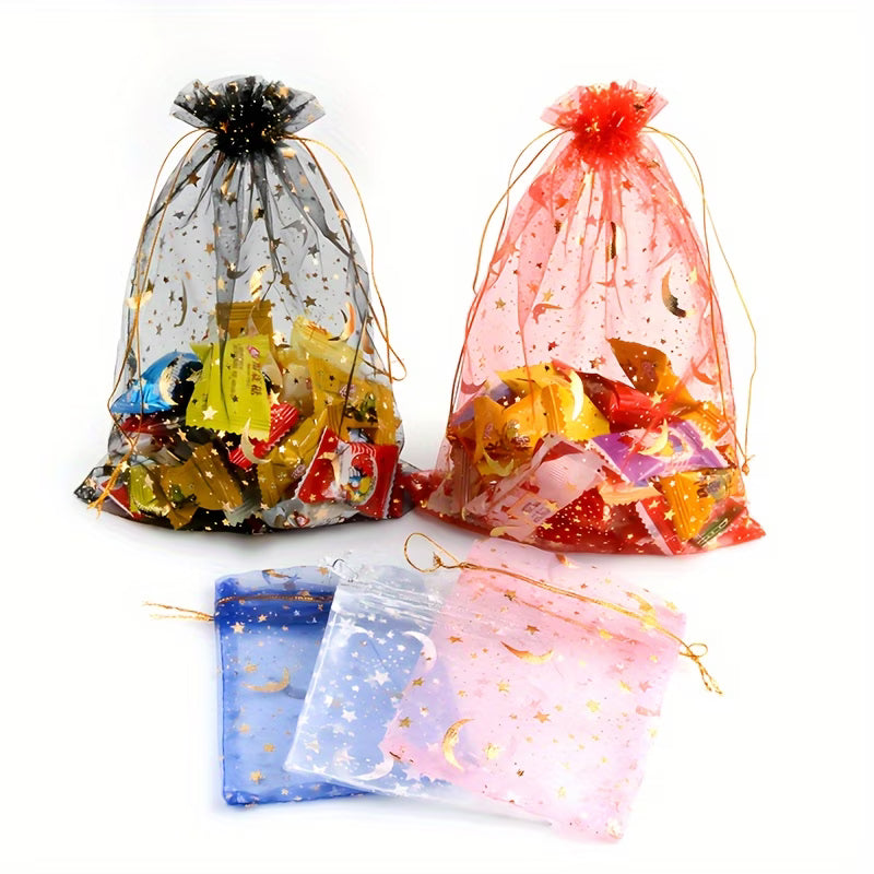Star and Moon Gold-Stamped Mesh Drawstring Bag