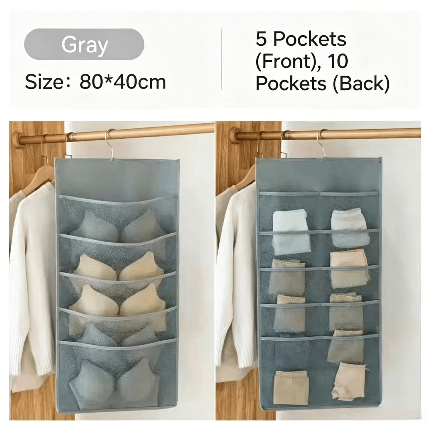 Double-Sided Underwear Hanging Organizer – Large Capacity, Holds Bras, Socks & Underwear, Space-Saving for Closet