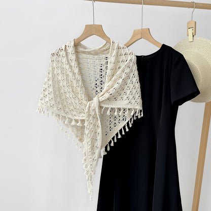 Women’s Bohemian White Hollow-Out Knit Tassel Cardigan