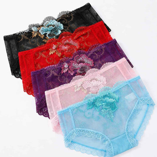 5PCS Women's Lace Mesh Panties｜Breathable, Soft & Cotton Gusset