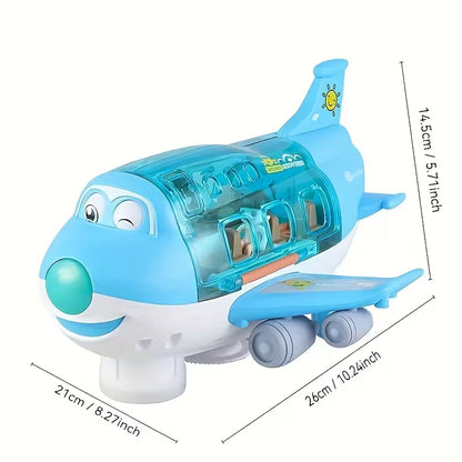 An automatic walking toy airplane that rotates 360° and features lights, music, and puppets.