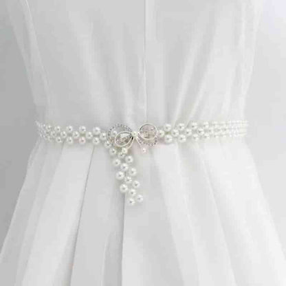 💎French Style Crystal & Pearl Waist Chain – Floral Elastic Belt, Dress Decorative Waistband, Adjustable & Elegant