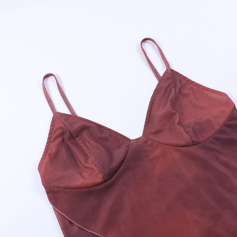 Sexy V - neck ruffled spaghetti - strap top