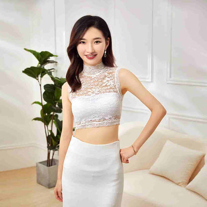 👗Mock Turtleneck Lace Camisole – Sleeveless Mesh Top, Sexy Summer Innerwear