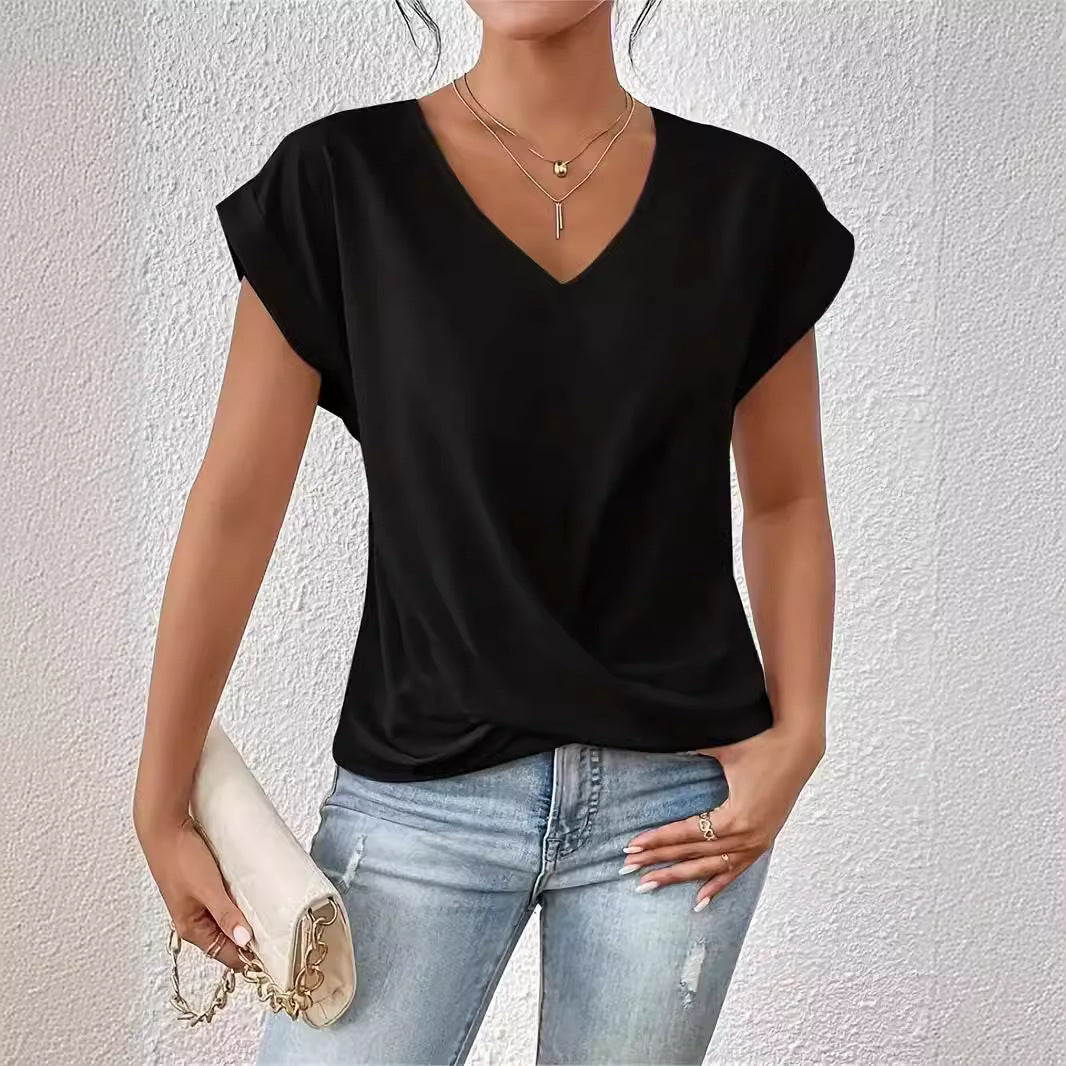 Casual Short-Sleeve T-Shirt with Elegant V-Neck Pleats