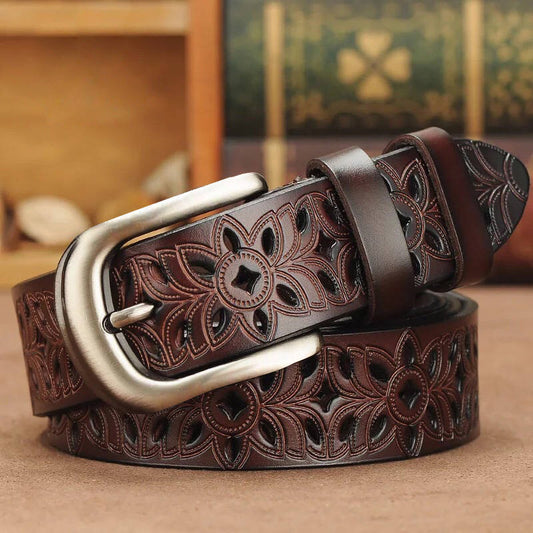 Retro Hollow-Out Leather Belt with Metal Buckle