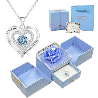 Macaron-Colored Preserved Rose Gift Box with Gold Foil Accents + “I LOVE YOU” Rhinestone Heart Necklace Set