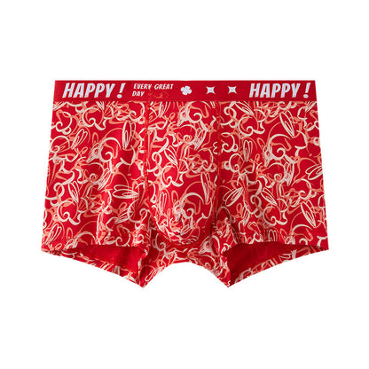 Bright Red Printed Skin-Friendly Antibacterial Men's Underwear