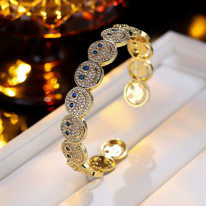 Luxury Round Smiley Face Zirconia Gold-Plated Bracelet | Minimalist Bangle