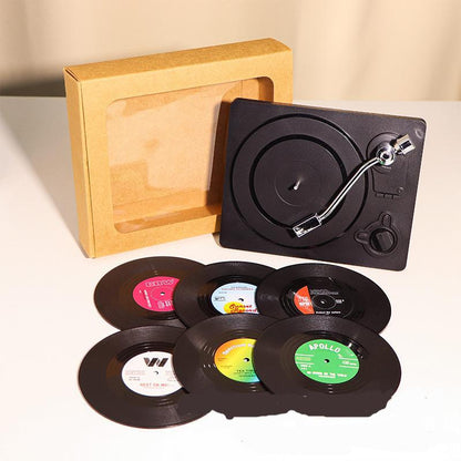 Vinyl Record Coasters with Retro Vinyl Player Holder