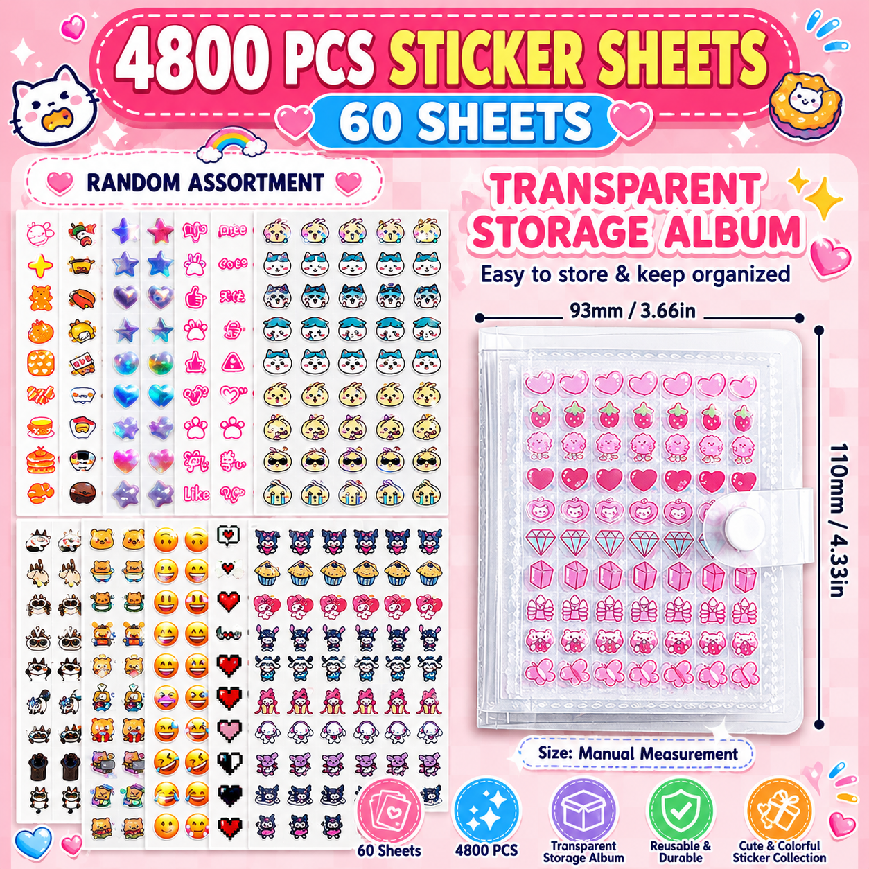 Kids Mini Cartoon Sticker Book – Cute Kawaii Stickers with Transparent Storage Album