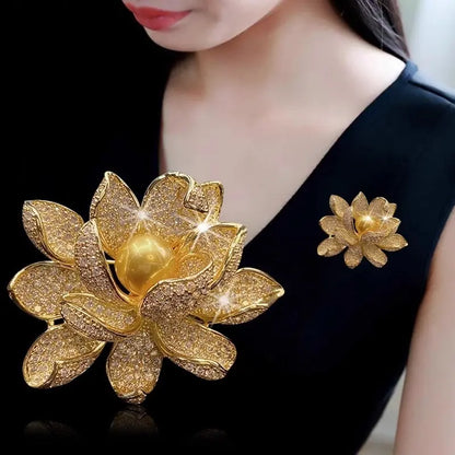Full Rhinestone 3D Lotus Flower Brooch