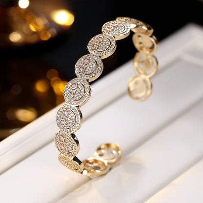 Luxury Round Smiley Face Zirconia Gold-Plated Bracelet | Minimalist Bangle