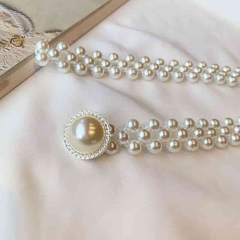 💎French Style Crystal & Pearl Waist Chain – Floral Elastic Belt, Dress Decorative Waistband, Adjustable & Elegant