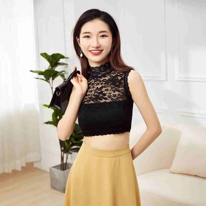 👗Mock Turtleneck Lace Camisole – Sleeveless Mesh Top, Sexy Summer Innerwear