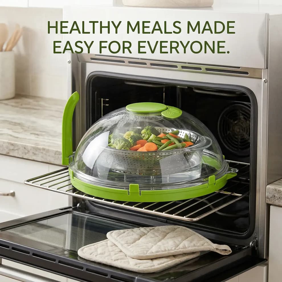 Microwave Splatter Cover with Steamer – Clear, Built-in Steaming Tray