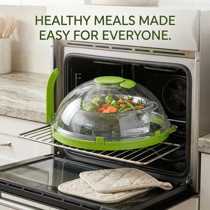 Microwave Splatter Cover with Steamer – Clear, Built-in Steaming Tray