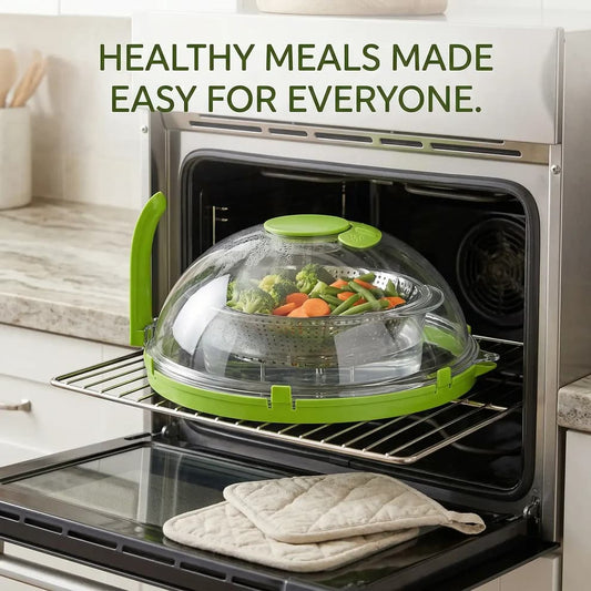 Microwave Splatter Cover with Steamer – Clear, Built-in Steaming Tray