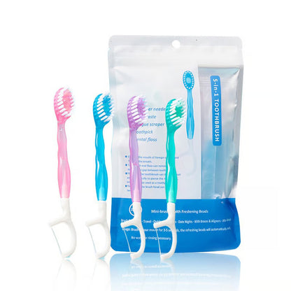 5 in 1 Mini Toothbrush & Floss & Tongue Scraper & Toothpick Set