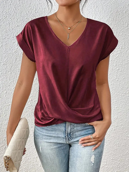 Casual Short-Sleeve T-Shirt with Elegant V-Neck Pleats