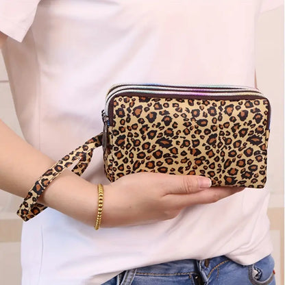 Chic Yellow Leopard Print Clutch - Triple-Layer Cosmetic Bag with Phone & Coin Pockets,Nylon Fabric