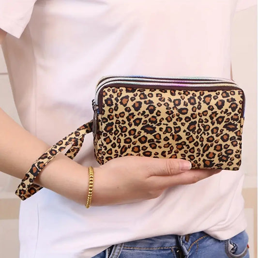 Chic Yellow Leopard Print Clutch - Triple-Layer Cosmetic Bag with Phone & Coin Pockets,Nylon Fabric