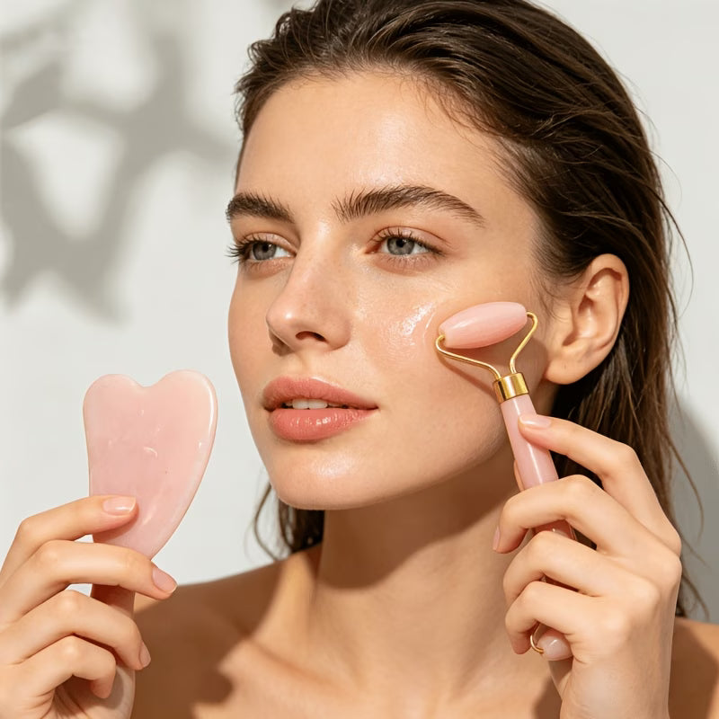 Rose Quartz Facial Roller & Heart-Shaped Gua Sha Set – Dual-Ended Face & Eye Massager for Lifting, Depuffing & Skin Care