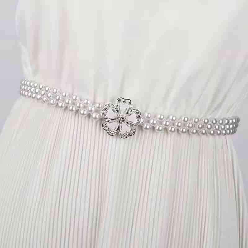 💎French Style Crystal & Pearl Waist Chain – Floral Elastic Belt, Dress Decorative Waistband, Adjustable & Elegant