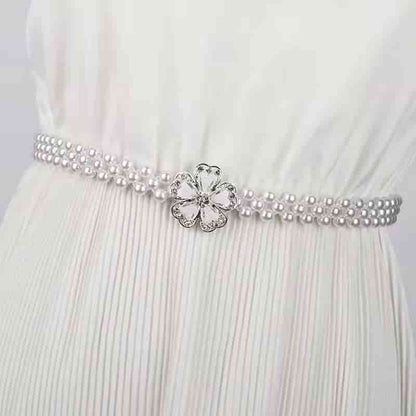 💎French Style Crystal & Pearl Waist Chain – Floral Elastic Belt, Dress Decorative Waistband, Adjustable & Elegant