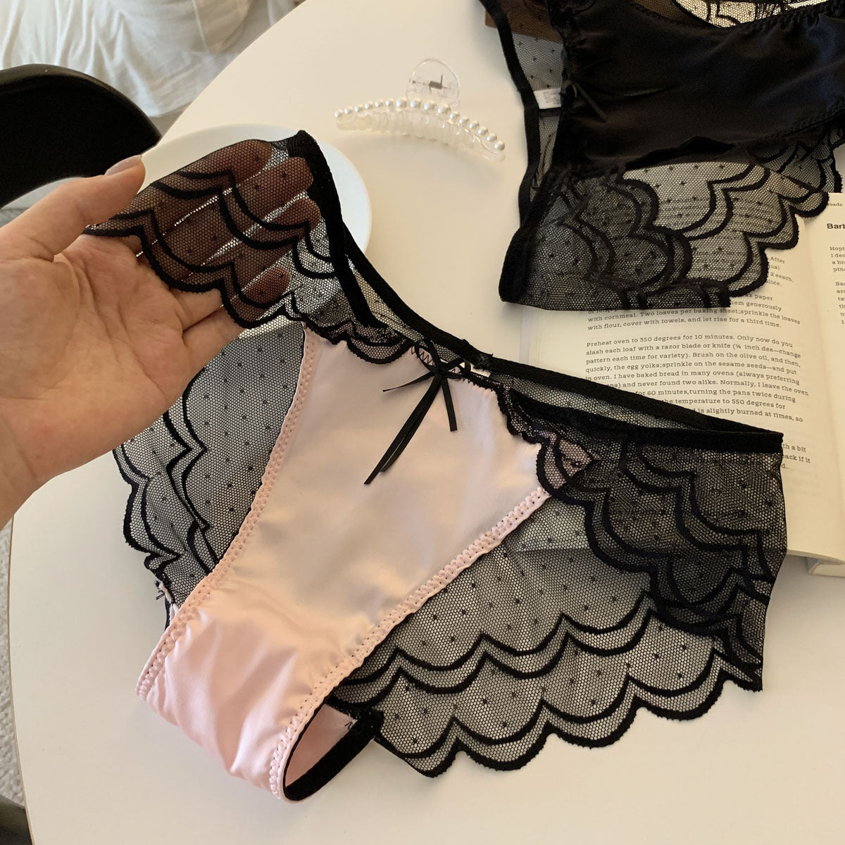 French Luxury Satin Lace Briefs – Wave Mesh Trim, Soft & Comfortable, Feminine Elegance