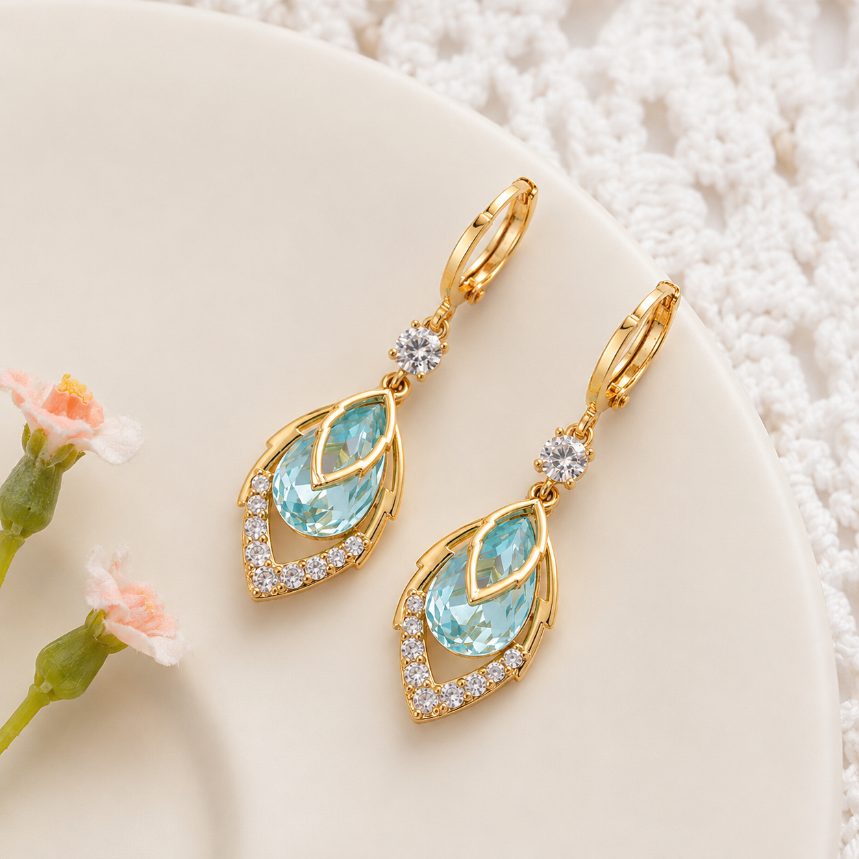 Sky Blue Diamond-Shaped Teardrop Earrings