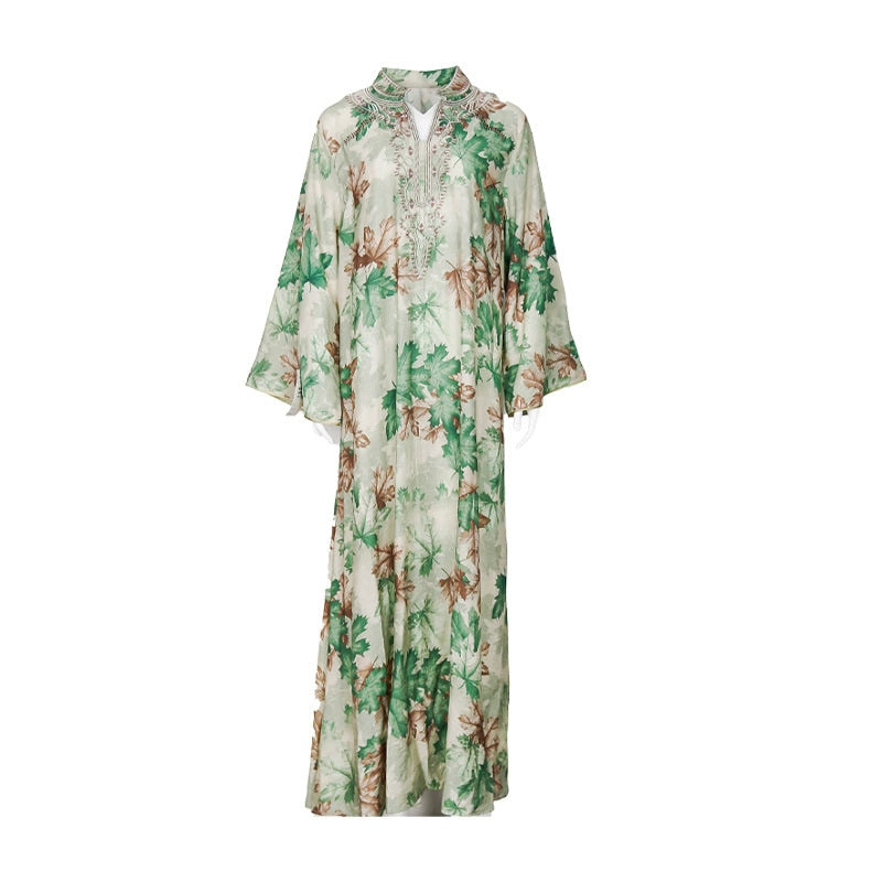 Summer Abaya Maxi Dress with Floral Print Long Kaftan Gown